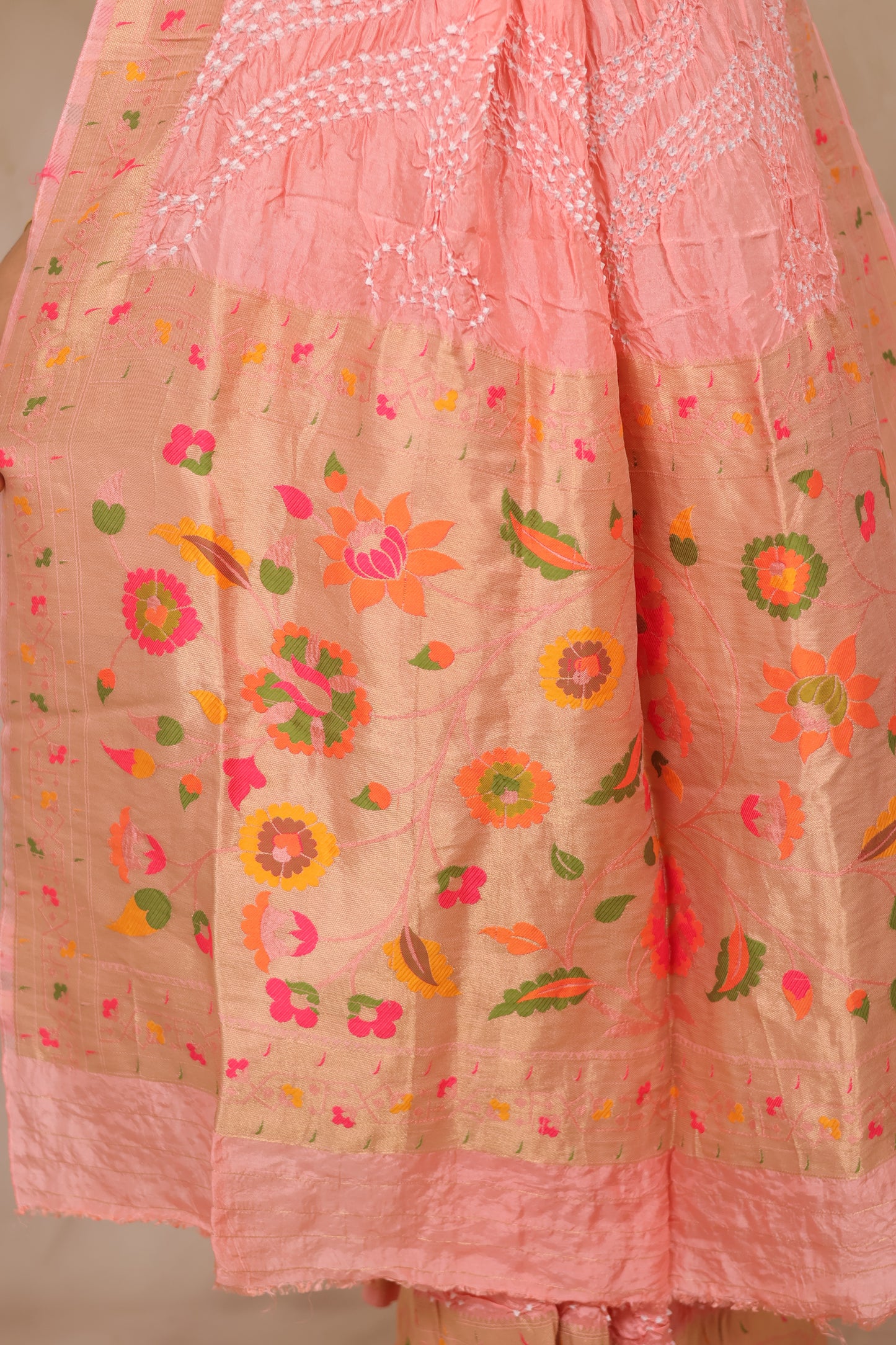 Peach Handcrafted Pattern Bandhani Paithani Dola Silk Saree | Looms & Tassels