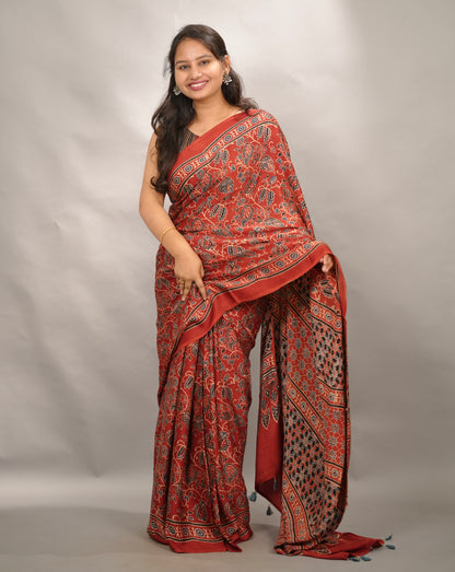 Red Authentic Ajrakh Handblock Printed Modal Silk Saree | Looms & Tassels