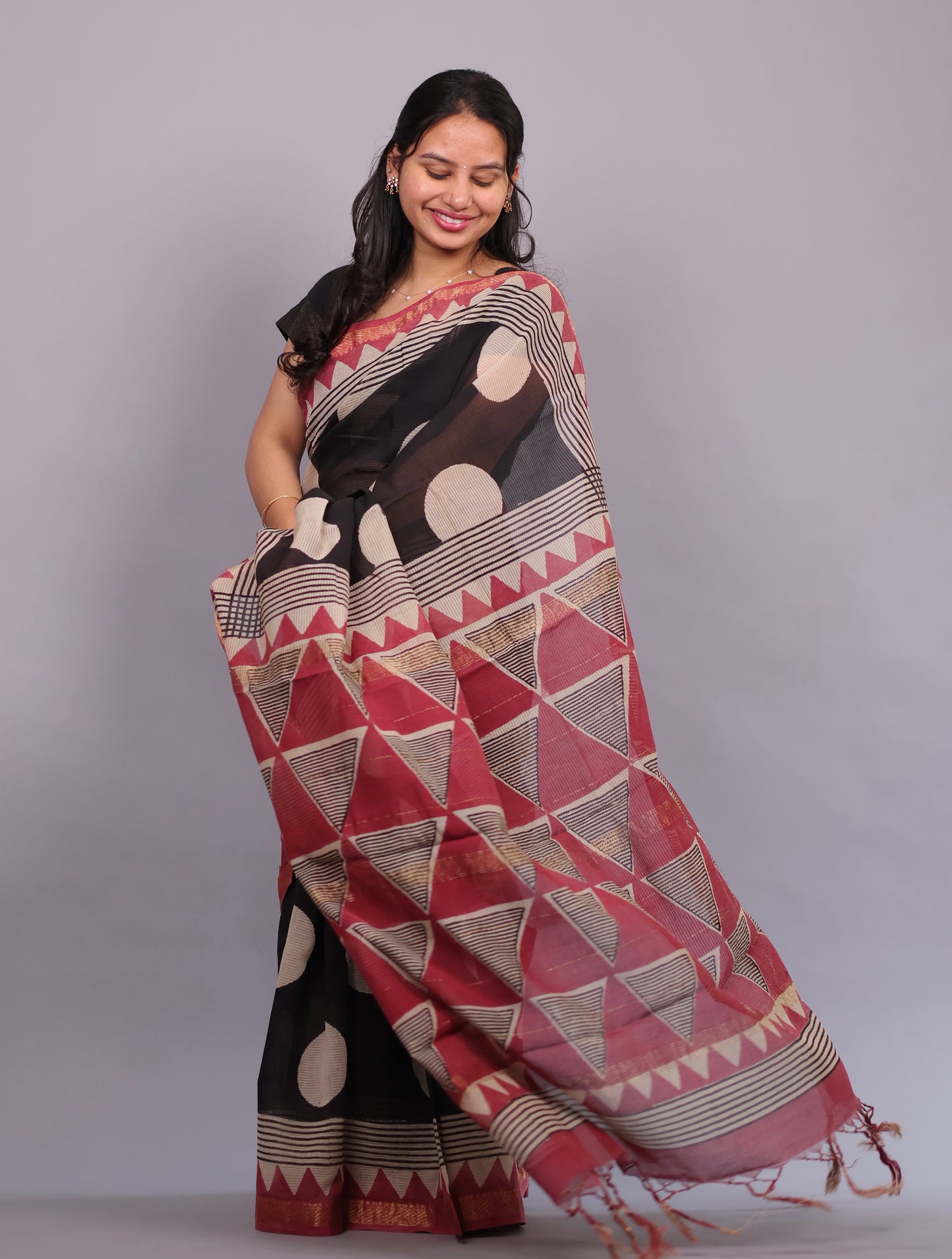 Black Bagru Hand Block Printed Maheswari Silk Cotton Saree
