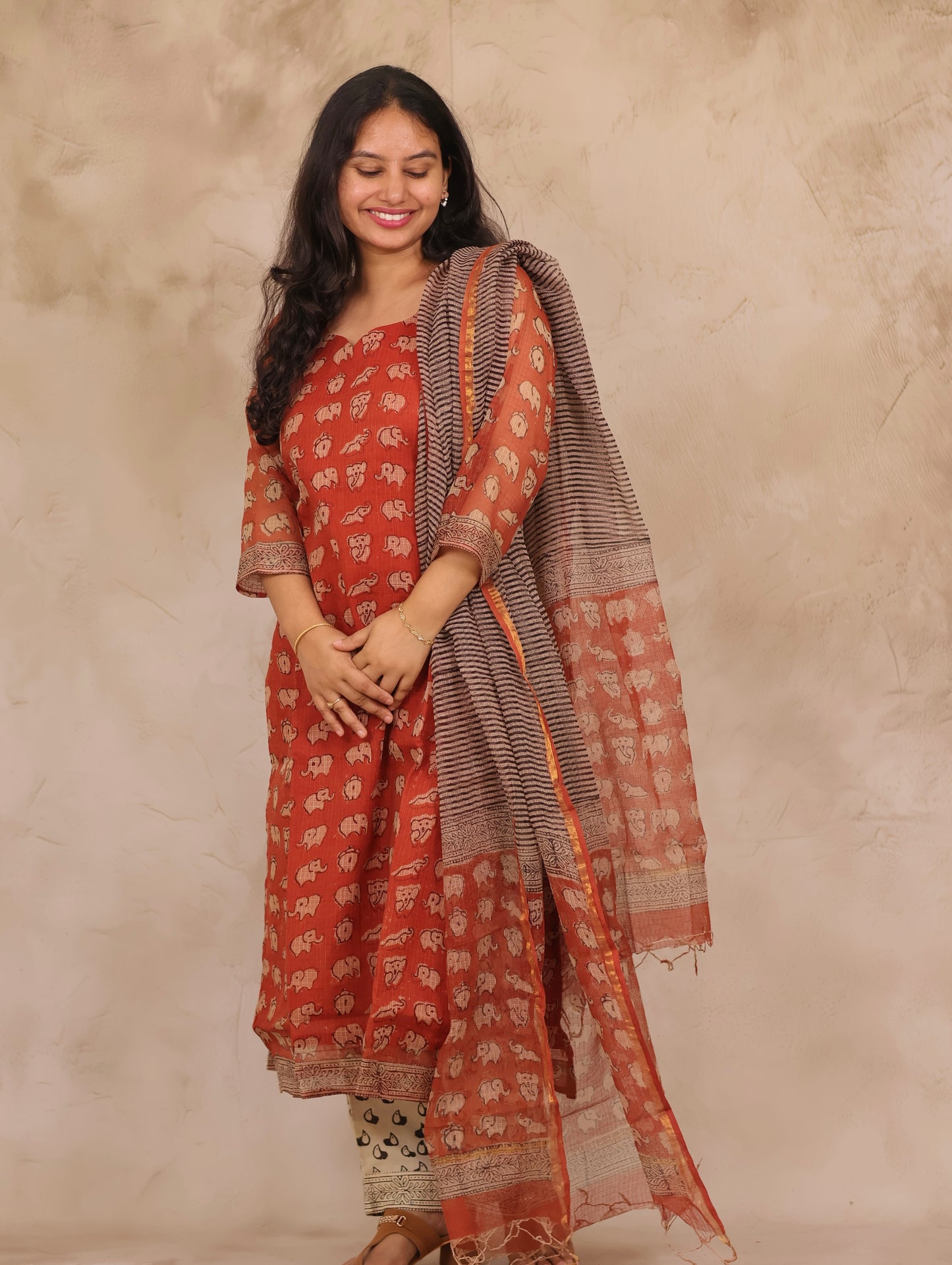 Red Elephant Handblock printed kota 3 piece suit (stitched)
