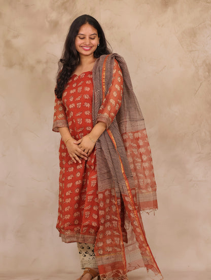Red Elephant Handblock printed kota 3 piece suit (stitched)