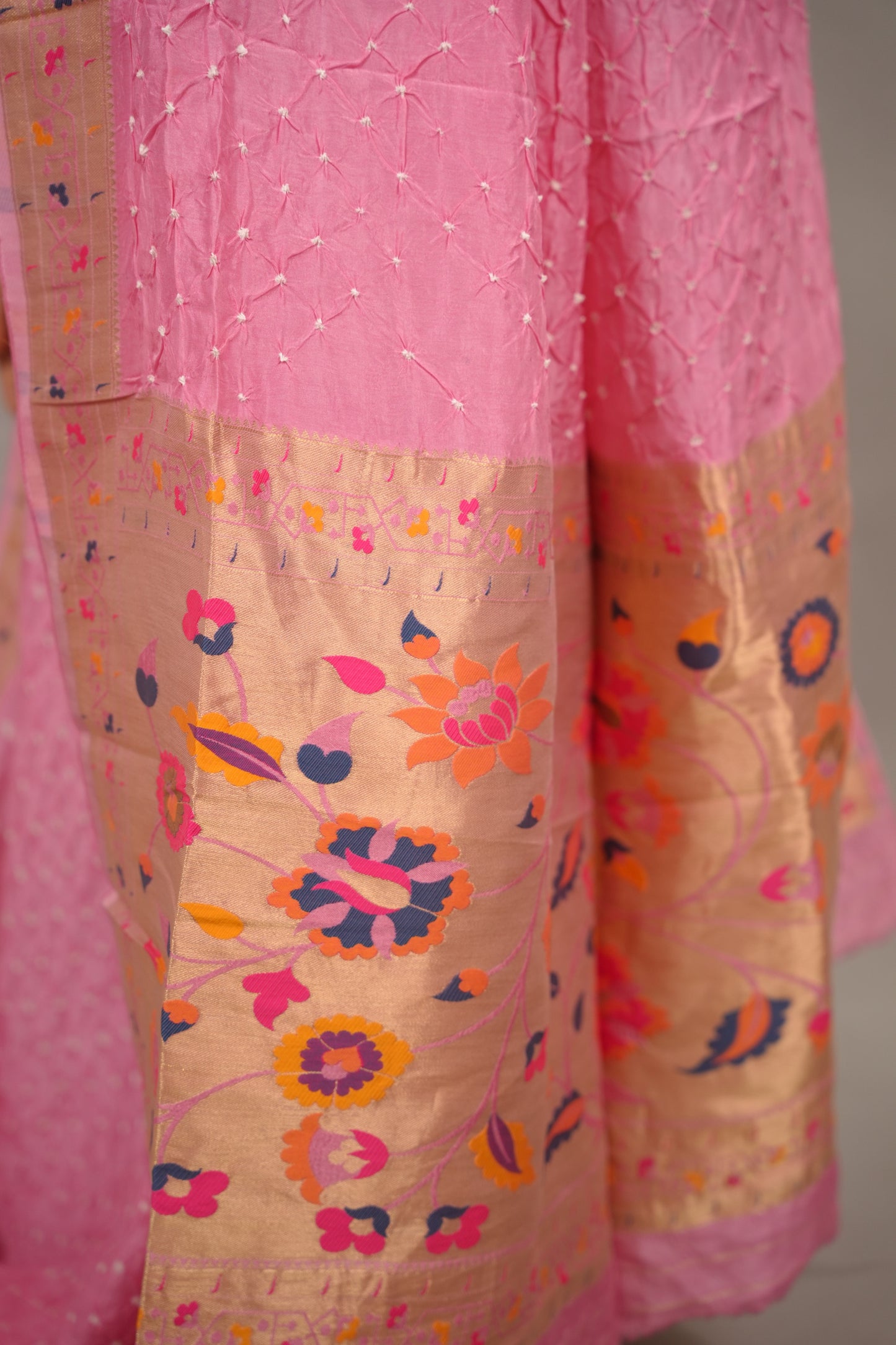 Pink Handcrafted Bandhani Paithani Dola Silk Saree | Looms & Tassels