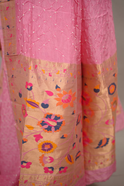 Pink Handcrafted Bandhani Paithani Dola Silk Saree | Looms & Tassels