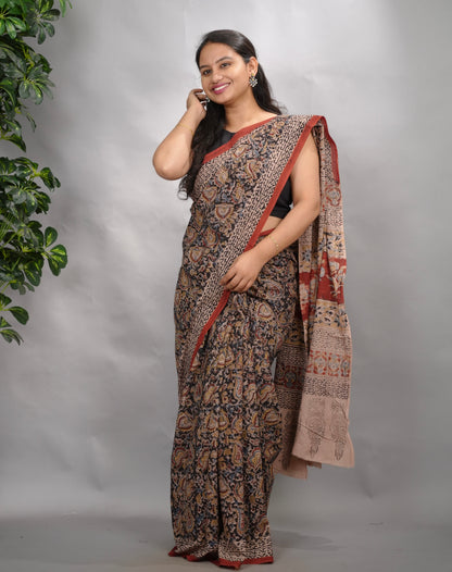 Black Hand Block Printed Kalamkari Cotton Saree | Looms & Tasselse