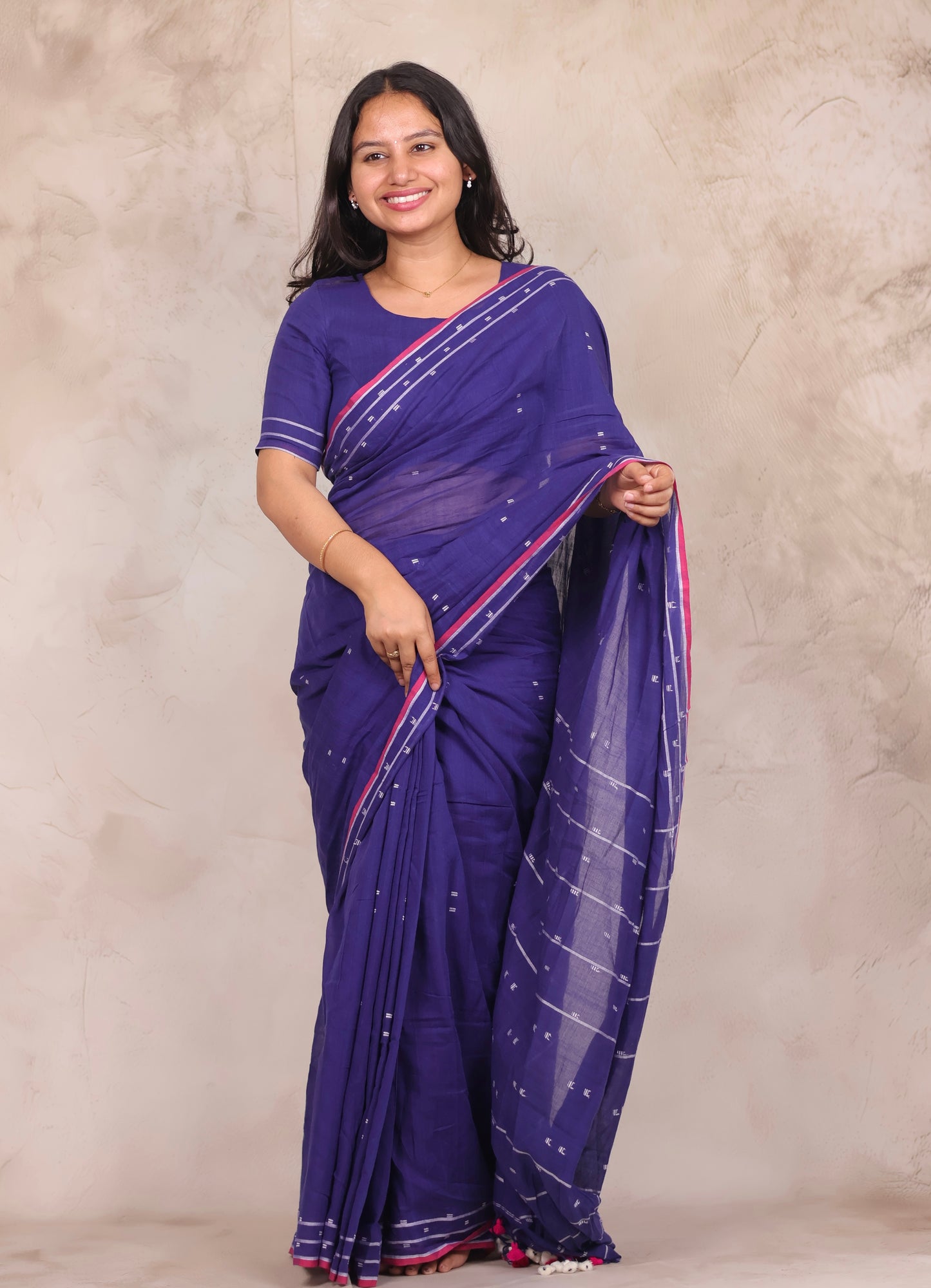 Blue Malai Cotton Saree with Butta Weaving | Looms & Tassels