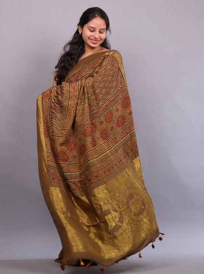 Antique Olive Brown Flower Butta Authentic Ajrakh Hand Block printed Dola Silk Saree | Looms & Tassels