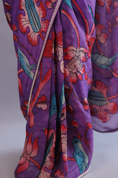 Purple Hand Painted Pen Kalamkari Organza Saree