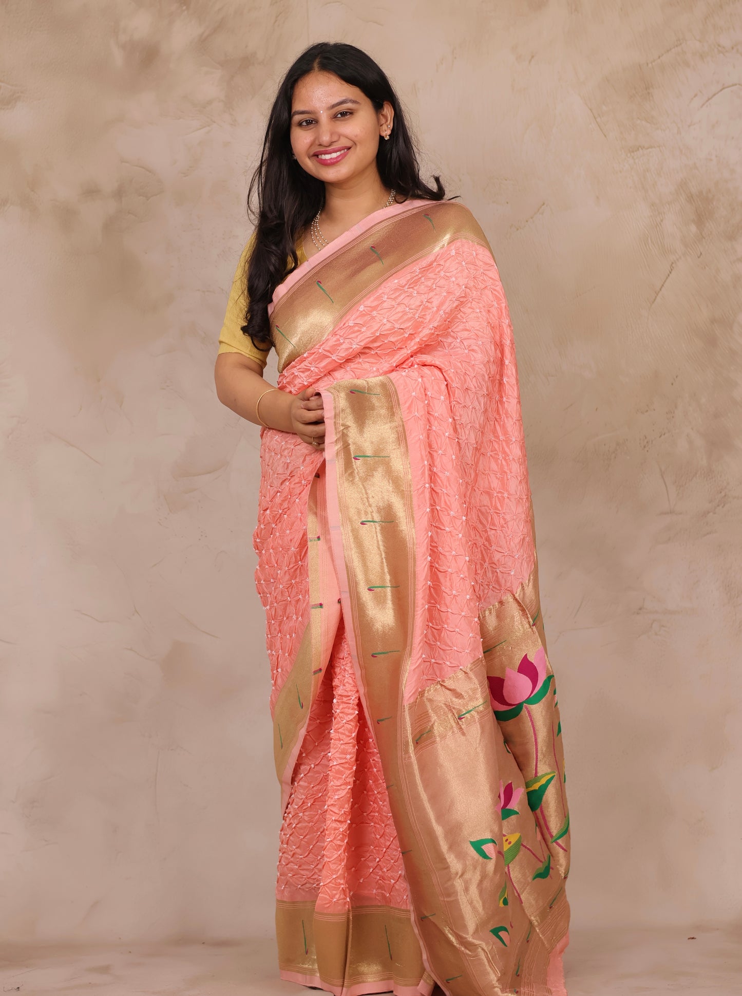 Pastel Handcrafted Bandhani Paithani Dola Silk Saree | Looms & Tassels