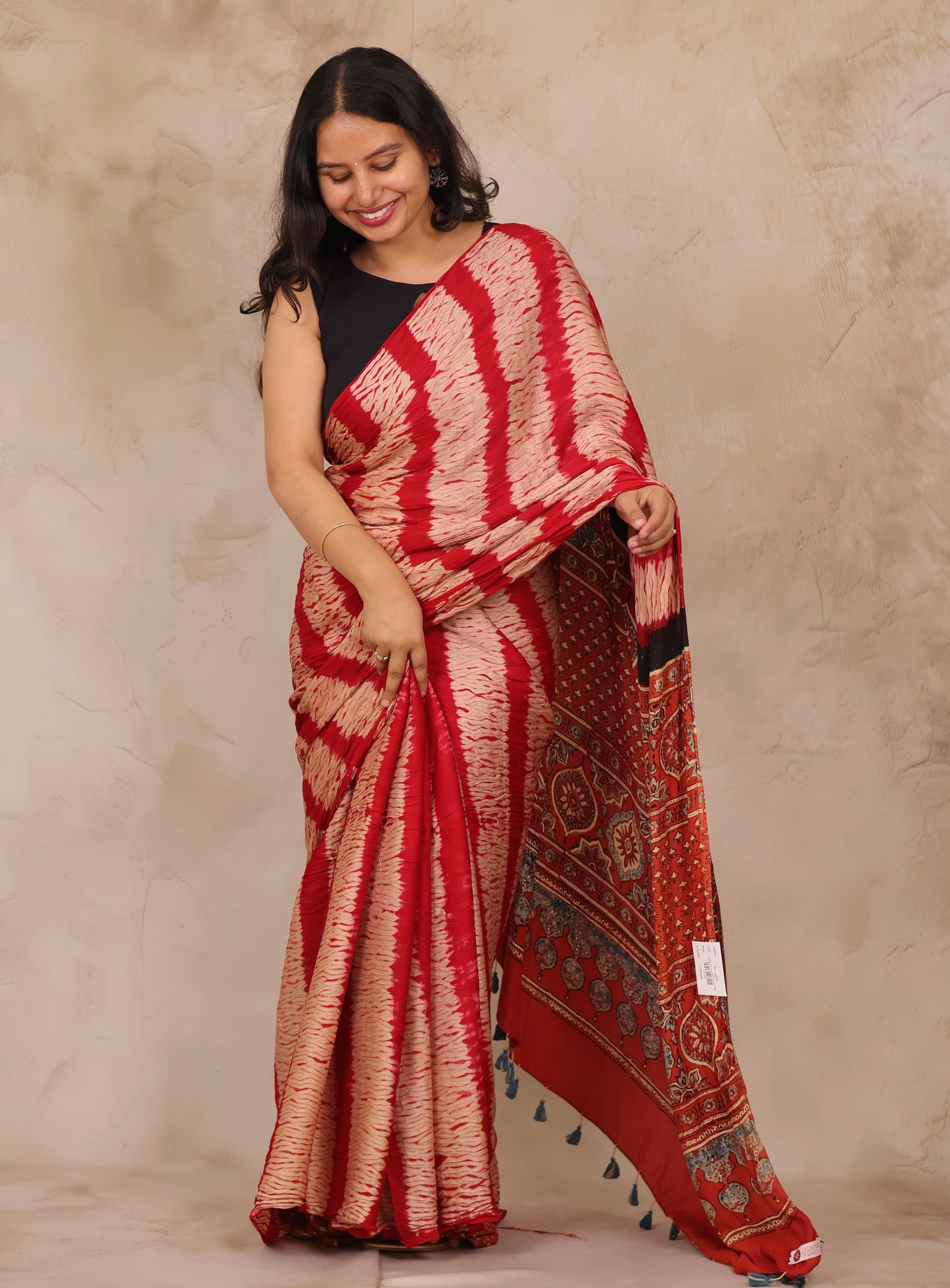 Red Needle Shibori and Ajrakh Handblock Printed Modal Silk Saree | Looms & Tassels