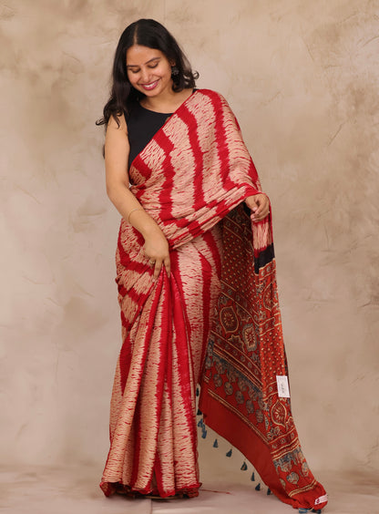 Red Needle Shibori and Ajrakh Handblock Printed Modal Silk Saree | Looms & Tassels