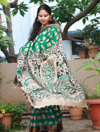 Green & Cream Elephant Kalamkari Silk Handcrafted Nizam Border Saree
