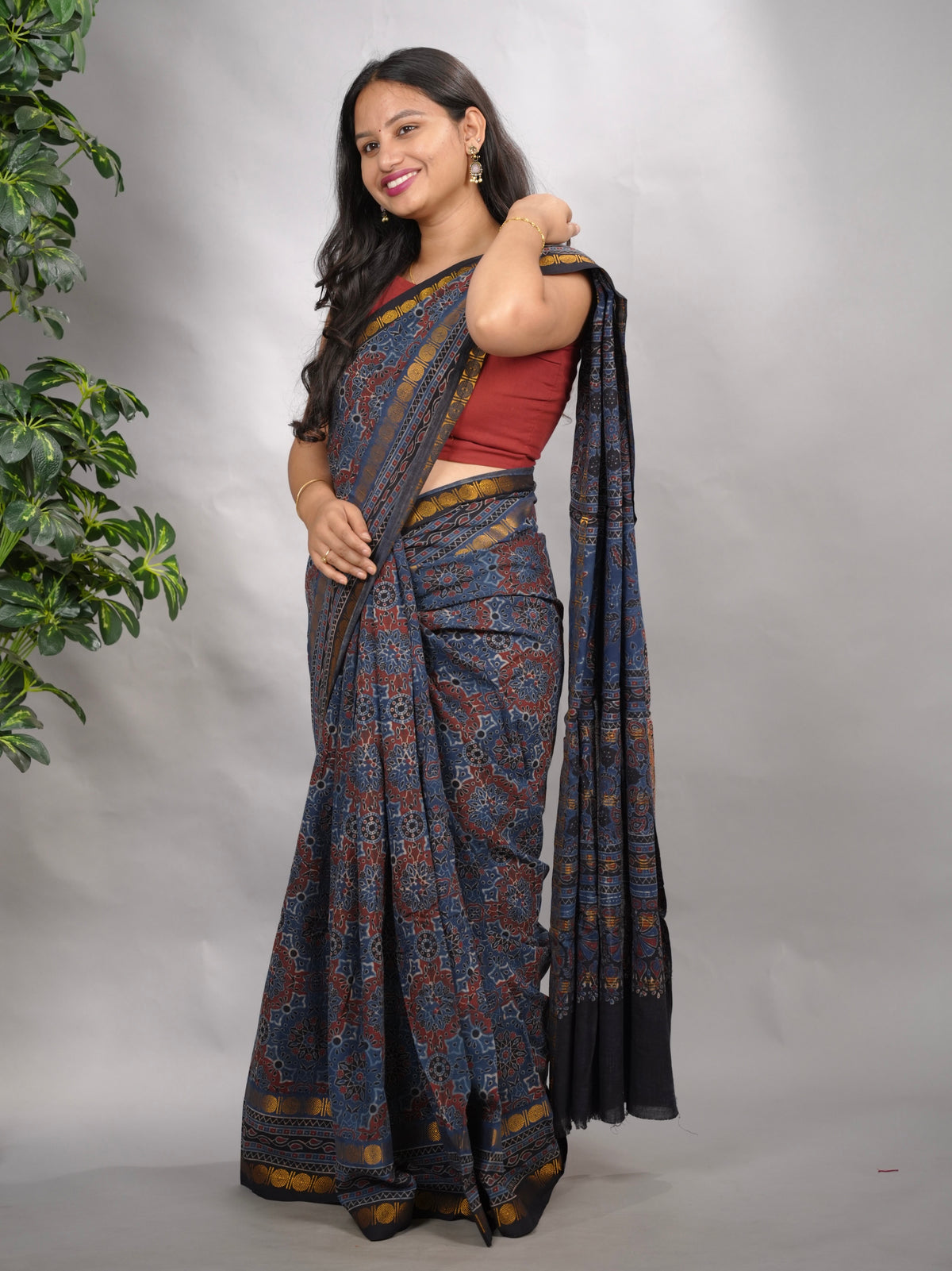 Indigo Ajrakh Hand Block Printed Sungudi Cotton Saree | Looms & Tassels