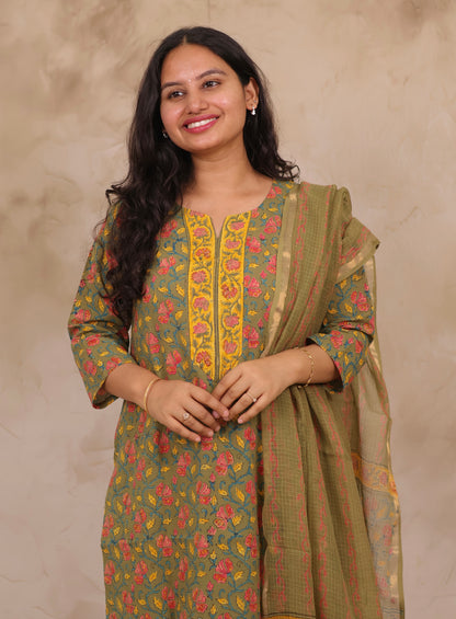 Mehendi Green Handblock printed Pure Mul Cotton with Kota Doria Duppata 3 piece suit (stitched)