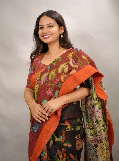 Black Hand Drawn Pen Kalamkari Bangalore Silk Gicha Border Saree | Looms & Tassels