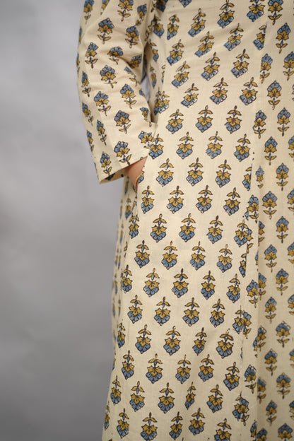 Cream Ajrakh Cotton Kali Kurta | Looms & Tassels