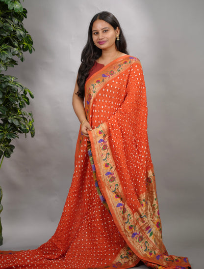 Orange Handcrafted Bandhani Paithani Dola Silk Saree | Looms & Tassels