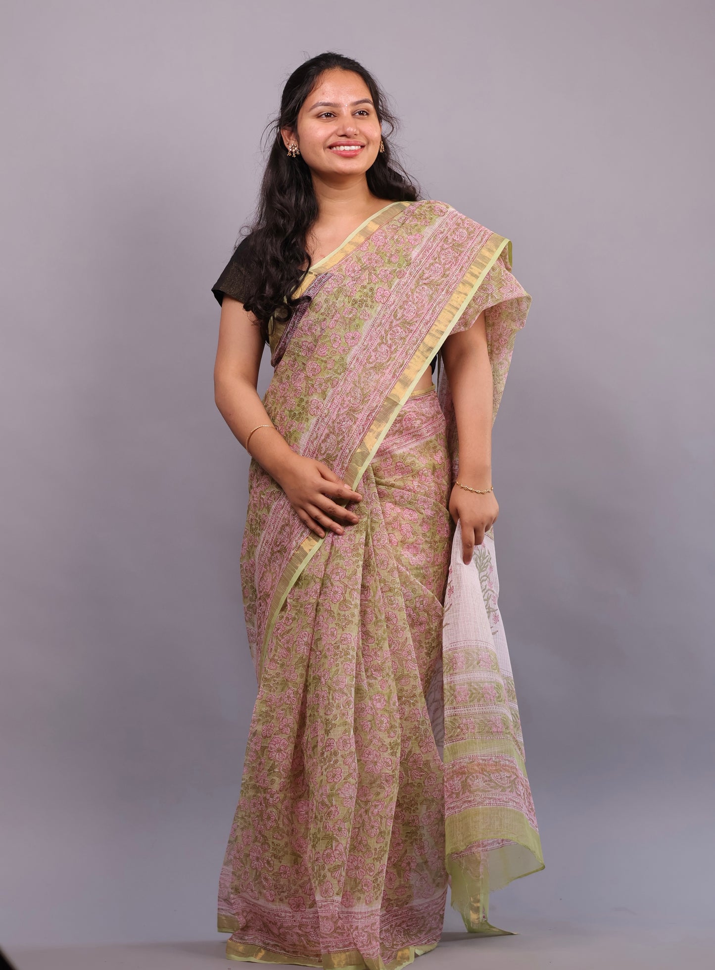 Pure Kota Doria Saree with Bagru Handblock Prints – Cream | Looms