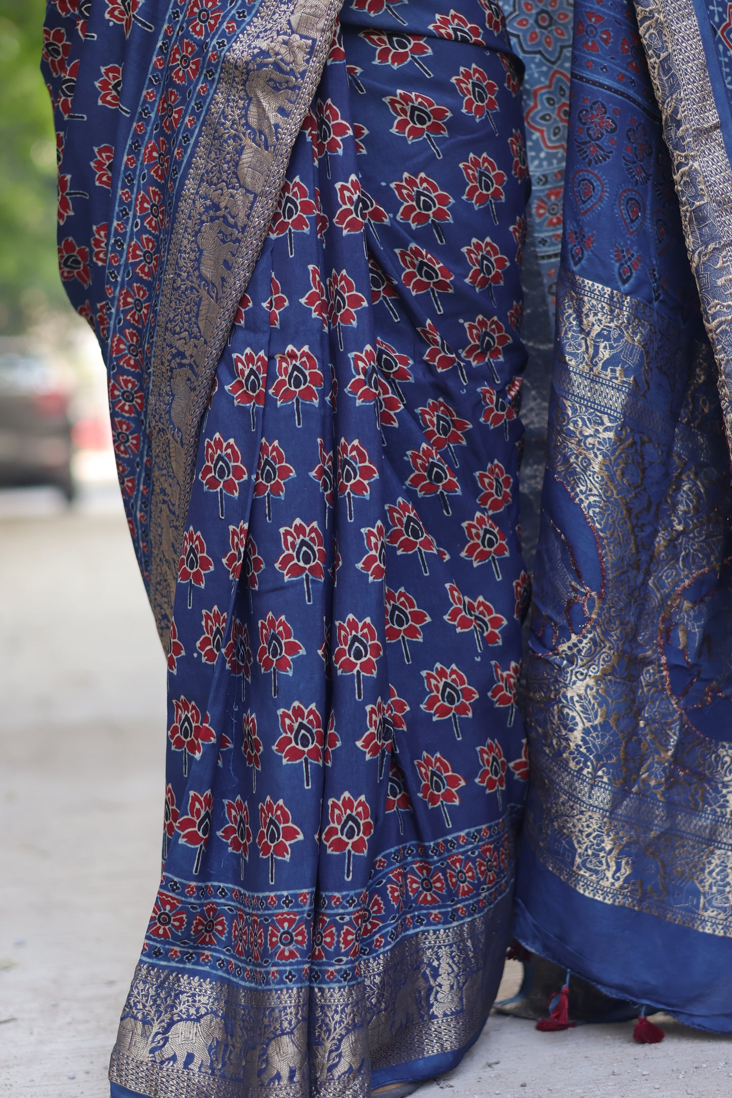 Indigo Lotus Butta Ajrakh Handblock Printed Dola Silk Saree