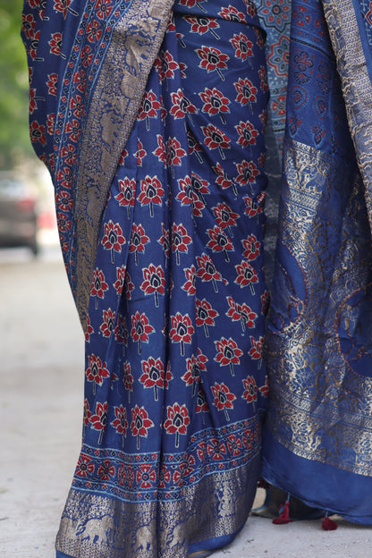 Indigo Lotus Butta Ajrakh Handblock Printed Dola Silk Saree