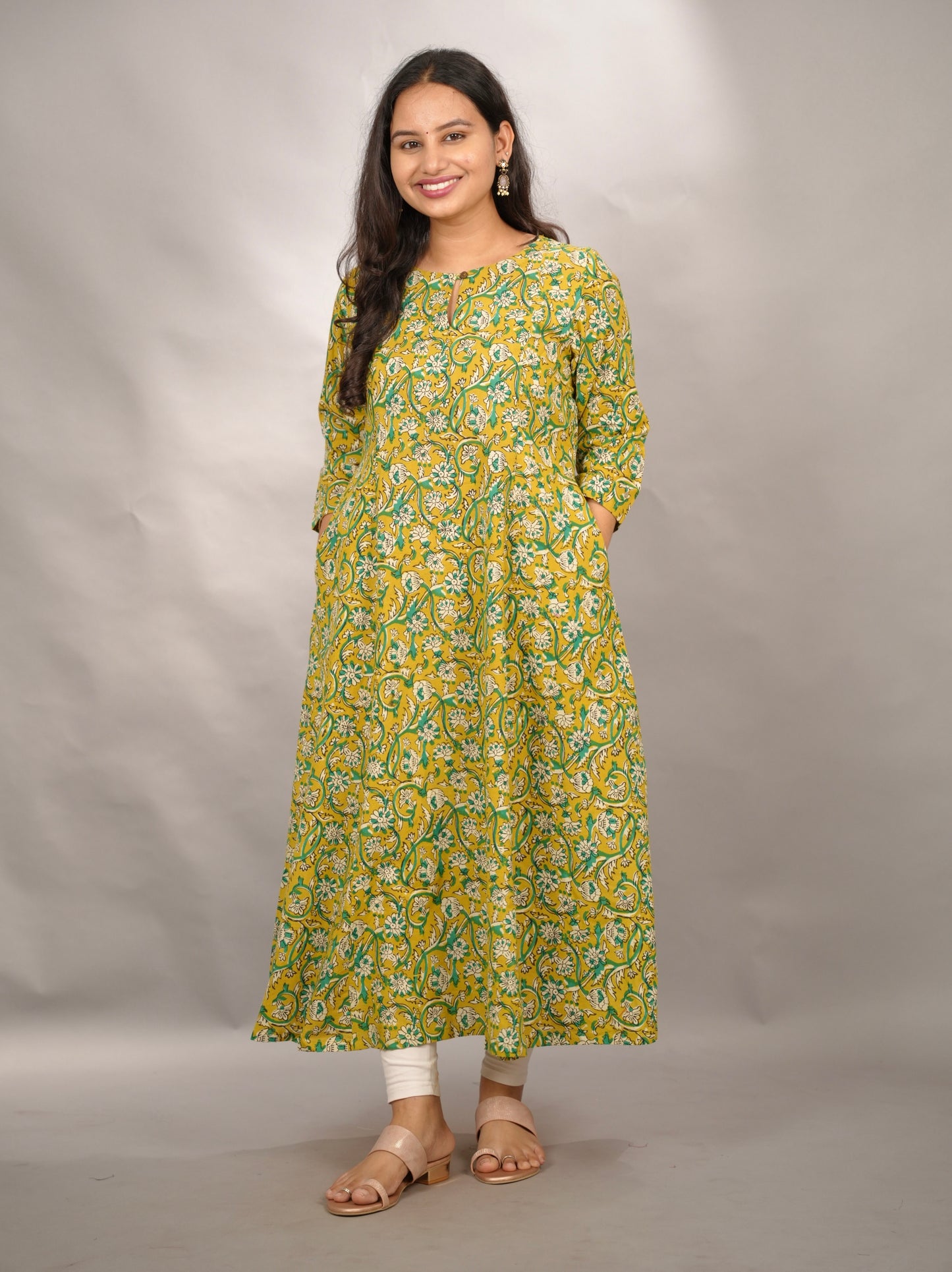 Mustard Yellow Pure Mul Cotton Kali Kurta  | Looms & Tassels