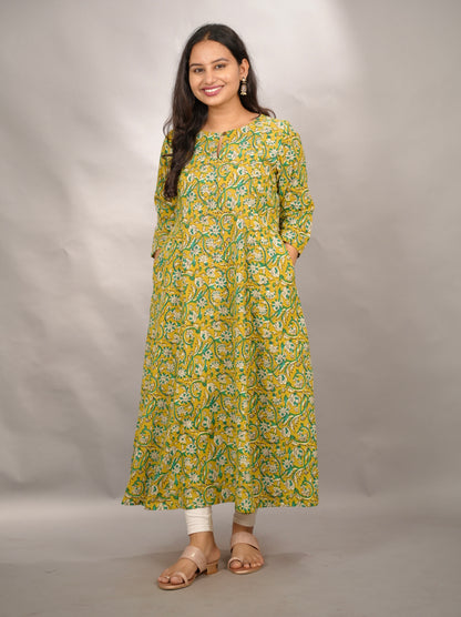 Mustard Yellow Pure Mul Cotton Kali Kurta  | Looms & Tassels