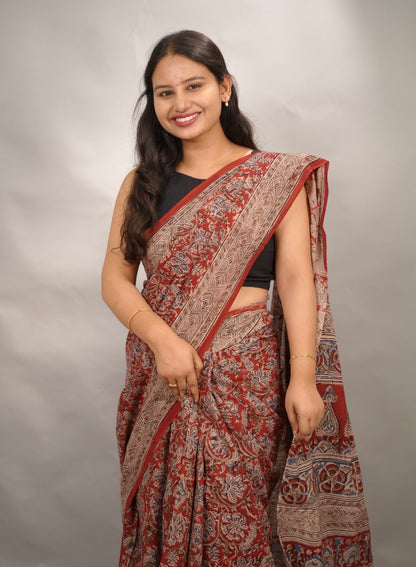 Red Hand Block Printed Kalamkari Cotton Saree | Looms & Tassels