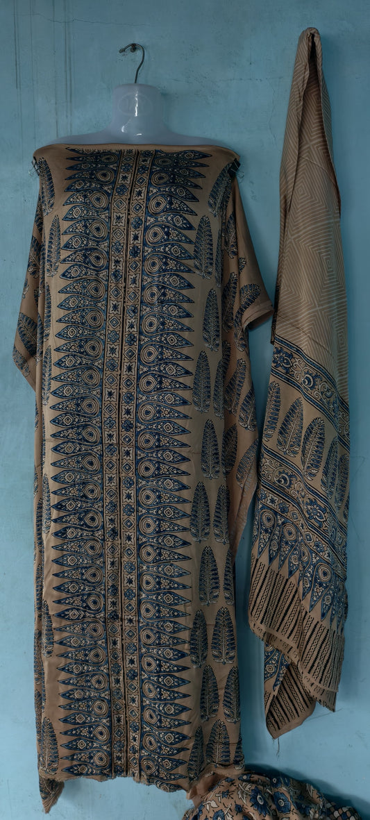 Handblock printed Ajrakh modal silk 2 piece suit set