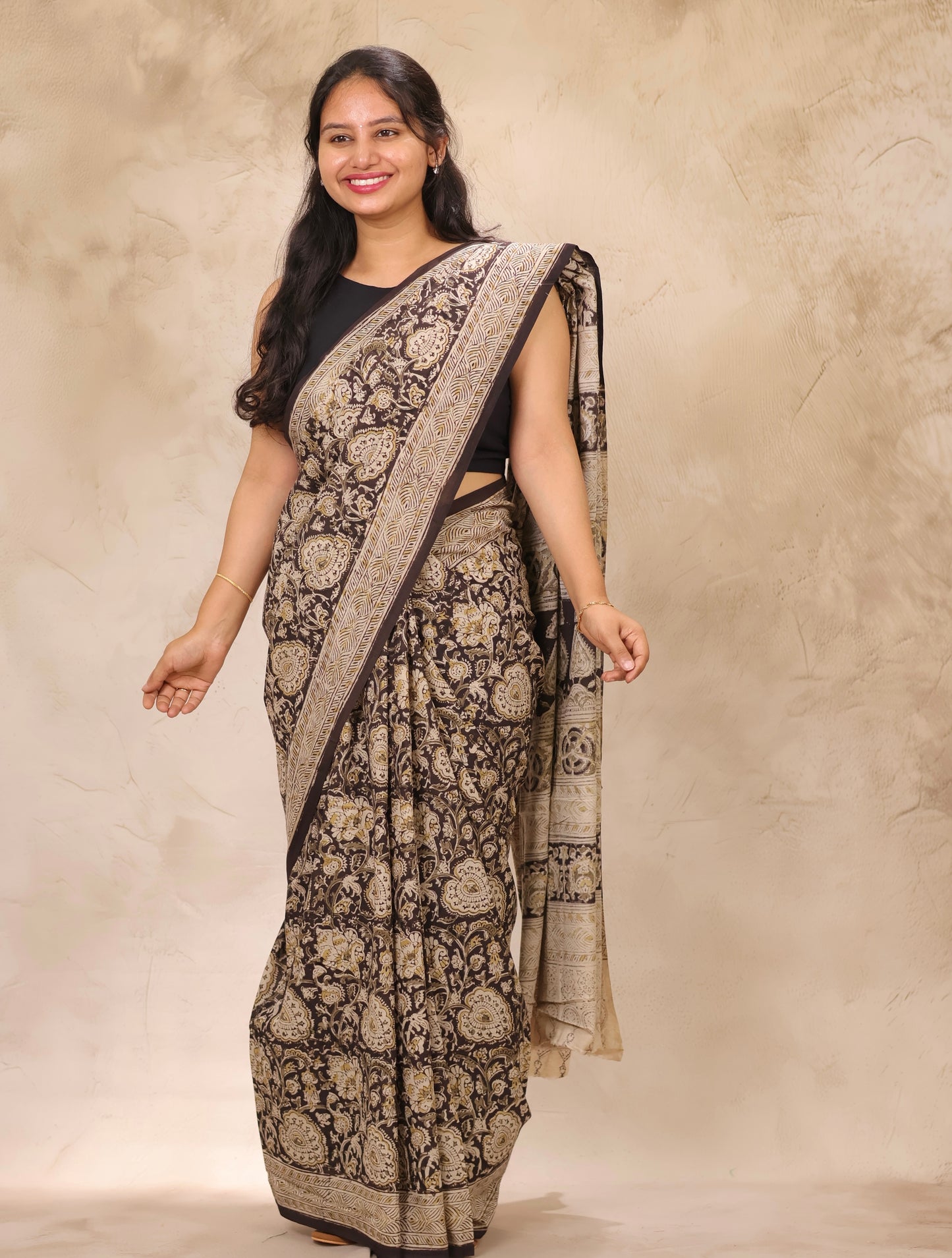 Black Hand Block Printed Kalamkari Cotton Saree | Looms & Tassels