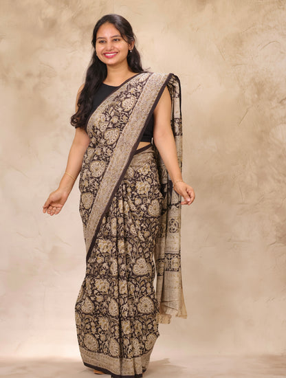 Black Hand Block Printed Kalamkari Cotton Saree | Looms & Tassels