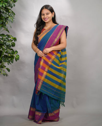 Peacock Blue Narayanpet Cotton Saree With Ganga And Jamuna Border | Looms & Tassels
