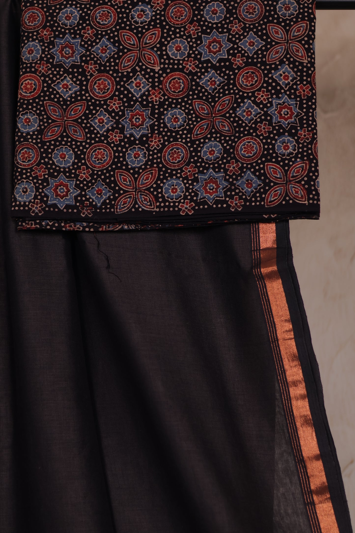 Dark Grey Handwoven Malai Cotton Saree with Sequence Work with Ajrakh blouse piece