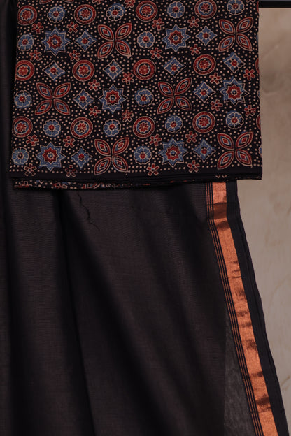 Dark Grey Handwoven Malai Cotton Saree with Sequence Work with Ajrakh blouse piece