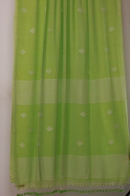 Green Pure Handwoven Malai Cotton Saree with Butta Weaving