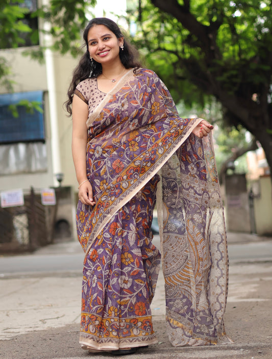 Lavender Kalamkari printed Kota Doriya Saree