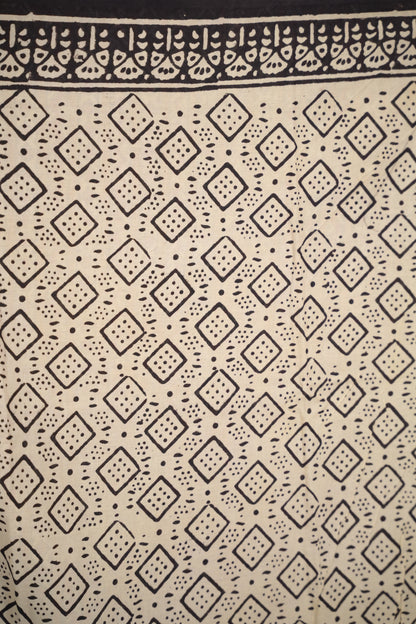 Black Bagru Handblock printed MulMul cotton saree | Looms & Tassels