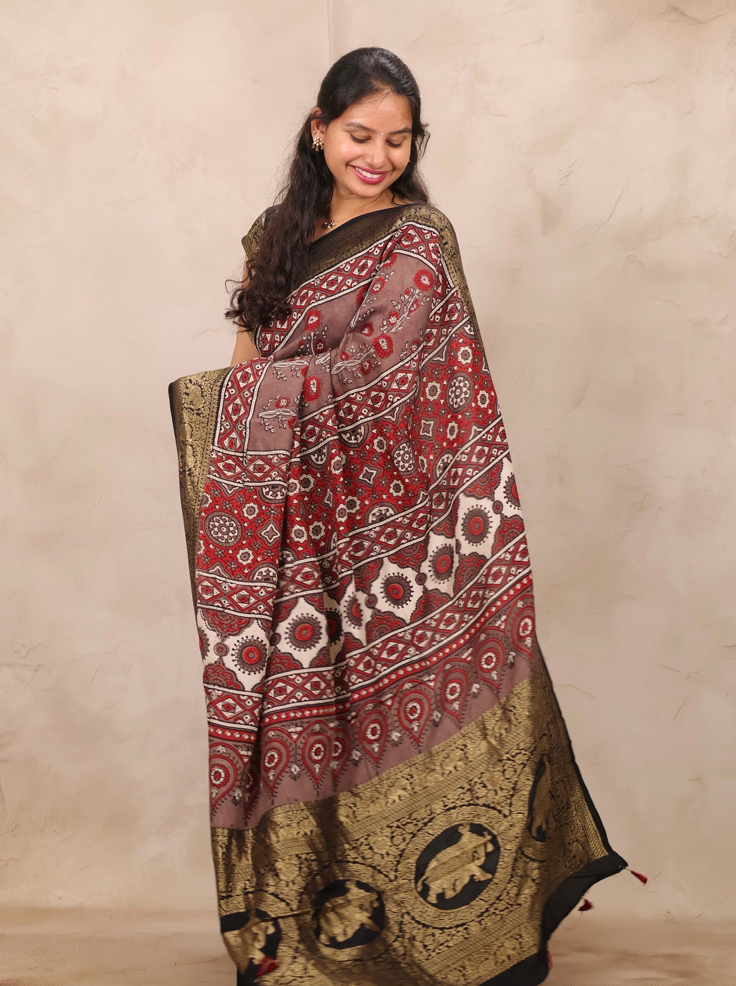 Dusty Brown Ajrakh Handblock printed Dola Silk Saree | Looms & Tassels