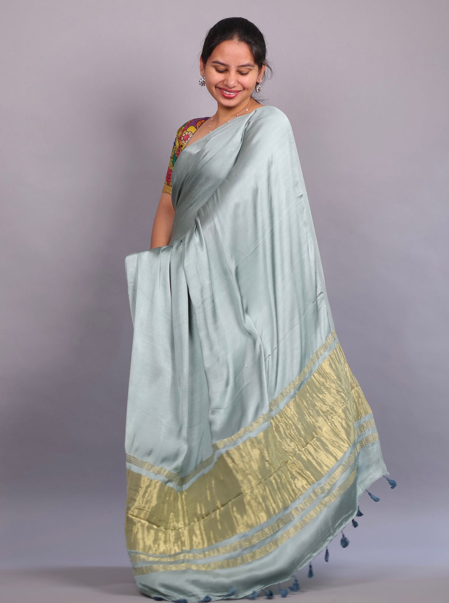 Sea Green Plain Modal Silk Saree with Lagdi Pallu | Looms & Tassels