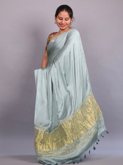 Sea Green Plain Modal Silk Saree with Lagdi Pallu | Looms & Tassels