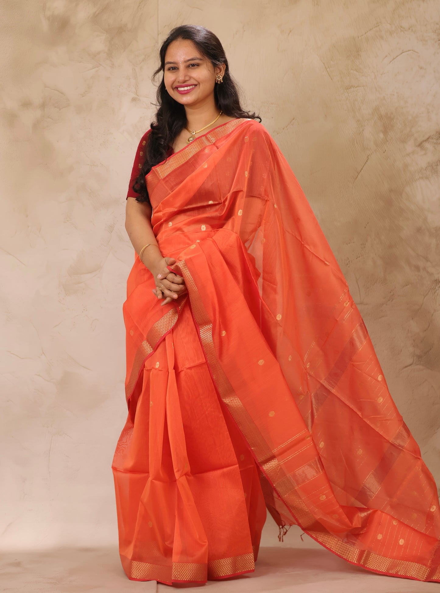 Pastel Orange Handloom Maheswari Silk Cotton Sarees | Looms & Tassels
