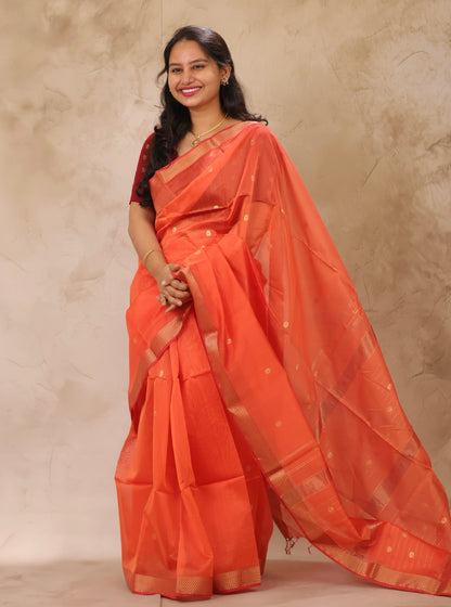 Pastel Orange Handloom Maheswari Silk Cotton Sarees | Looms & Tassels