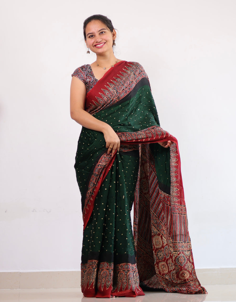Bottle Green Hand Knotted Ajrakh Bandhej Modal Silk Saree | Looms & Tassels