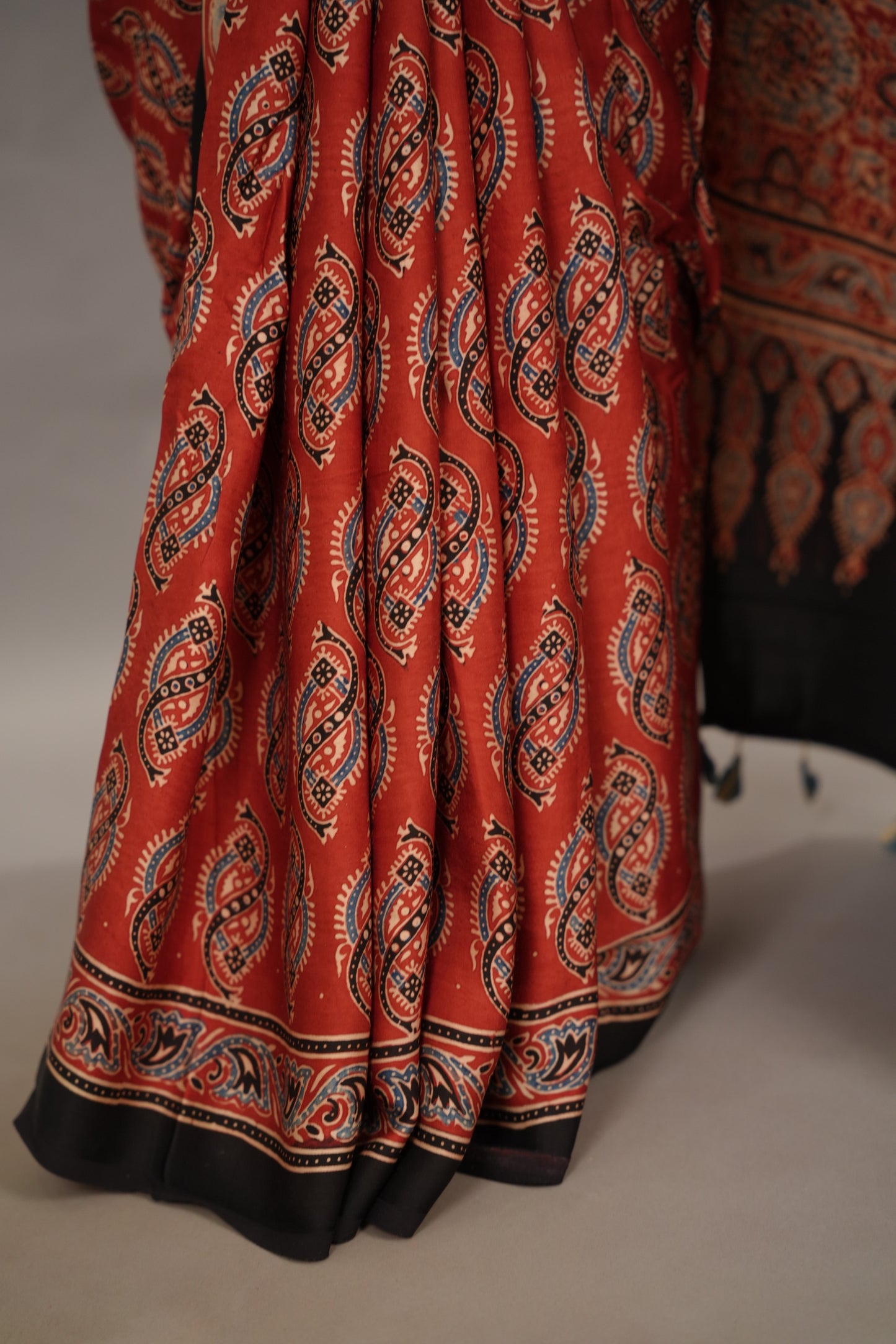 Maroon Authentic Ajrakh Handblock Printed Modal Silk Saree | Looms & Tassels