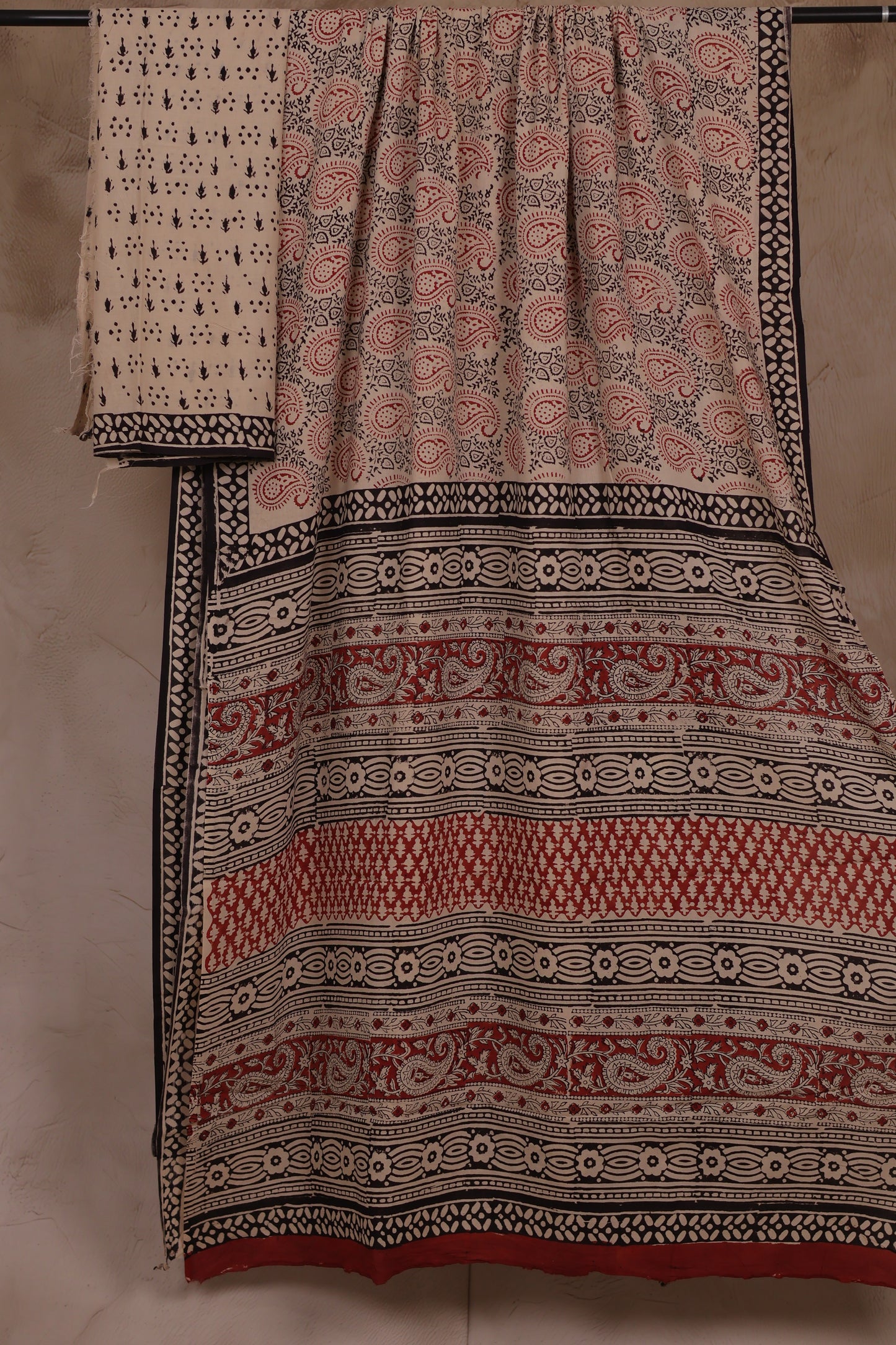 Cream Bagru Handblock printed MulMul cotton saree | Looms & Tassels