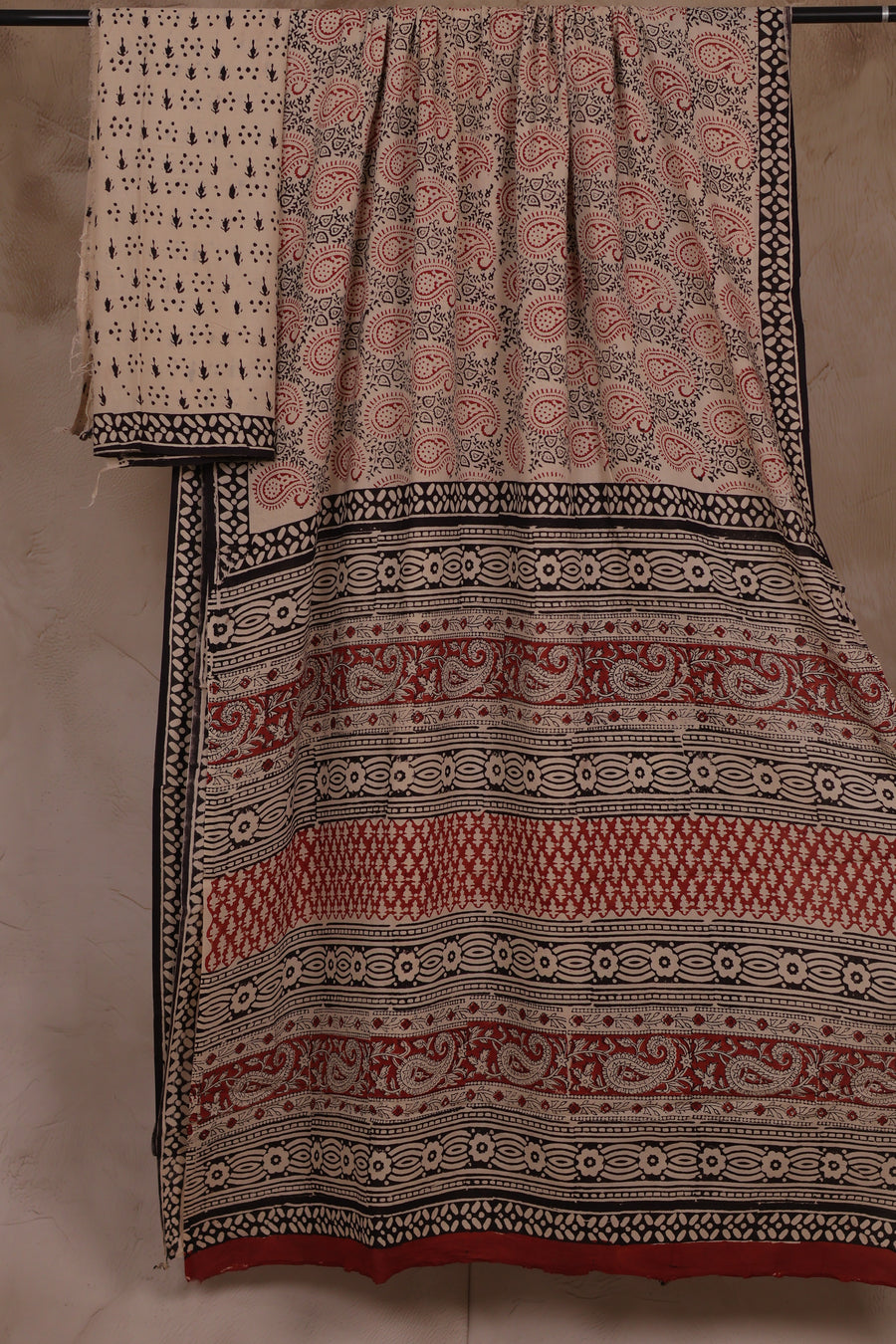 Cream Bagru Handblock printed MulMul cotton saree | Looms & Tassels