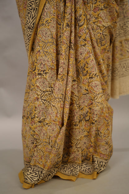 Mustard Hand Block Printed Kalamkari Cotton Saree | Looms & Tassels