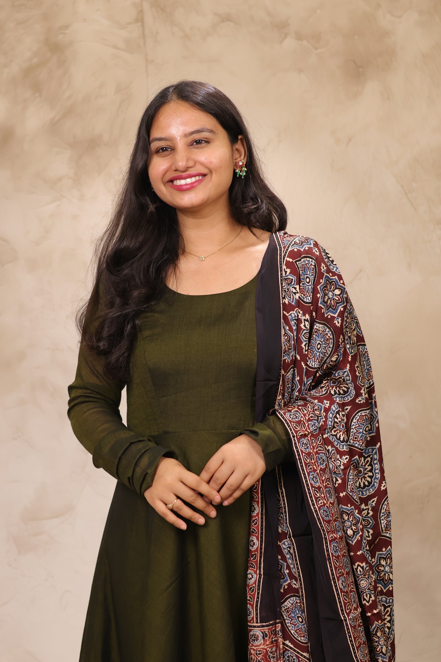 Mehandi Green Narayanpet Cotton Anarkali Dress with Ajrakh Modal Silk Dupatta | Looms & Tassels