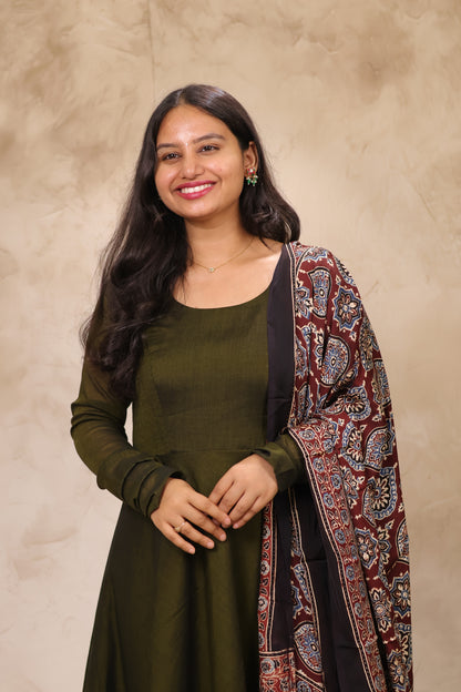 Mehandi Green Narayanpet Cotton Anarkali Dress with Ajrakh Modal Silk Dupatta | Looms & Tassels