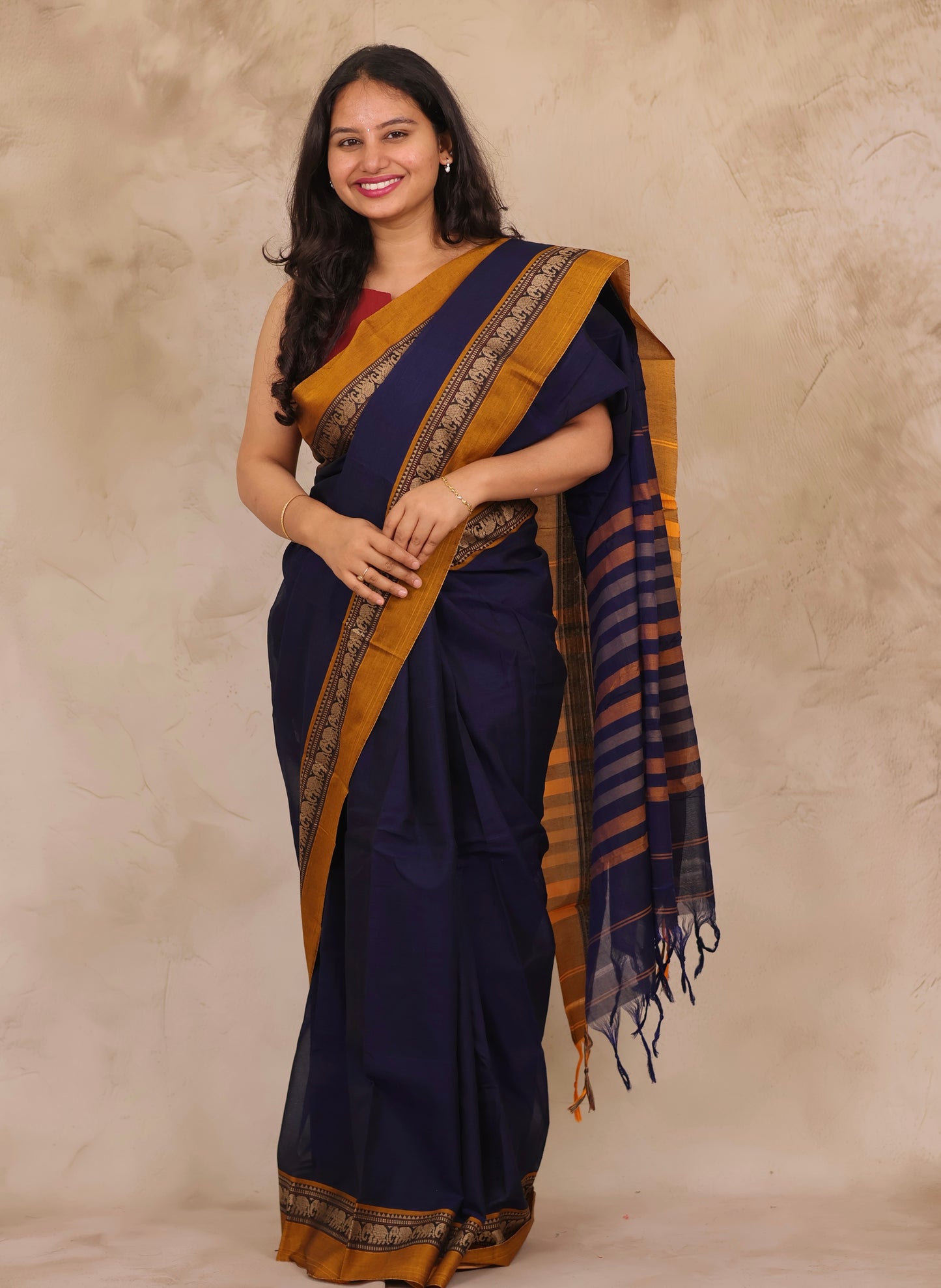 Blue Narayanpet Cotton Saree with Elephant Border | Looms & Tassels