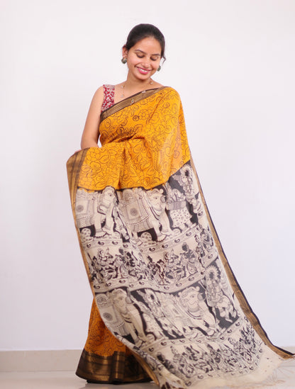 Mustard Dyeing Outline kalamkari silk saree