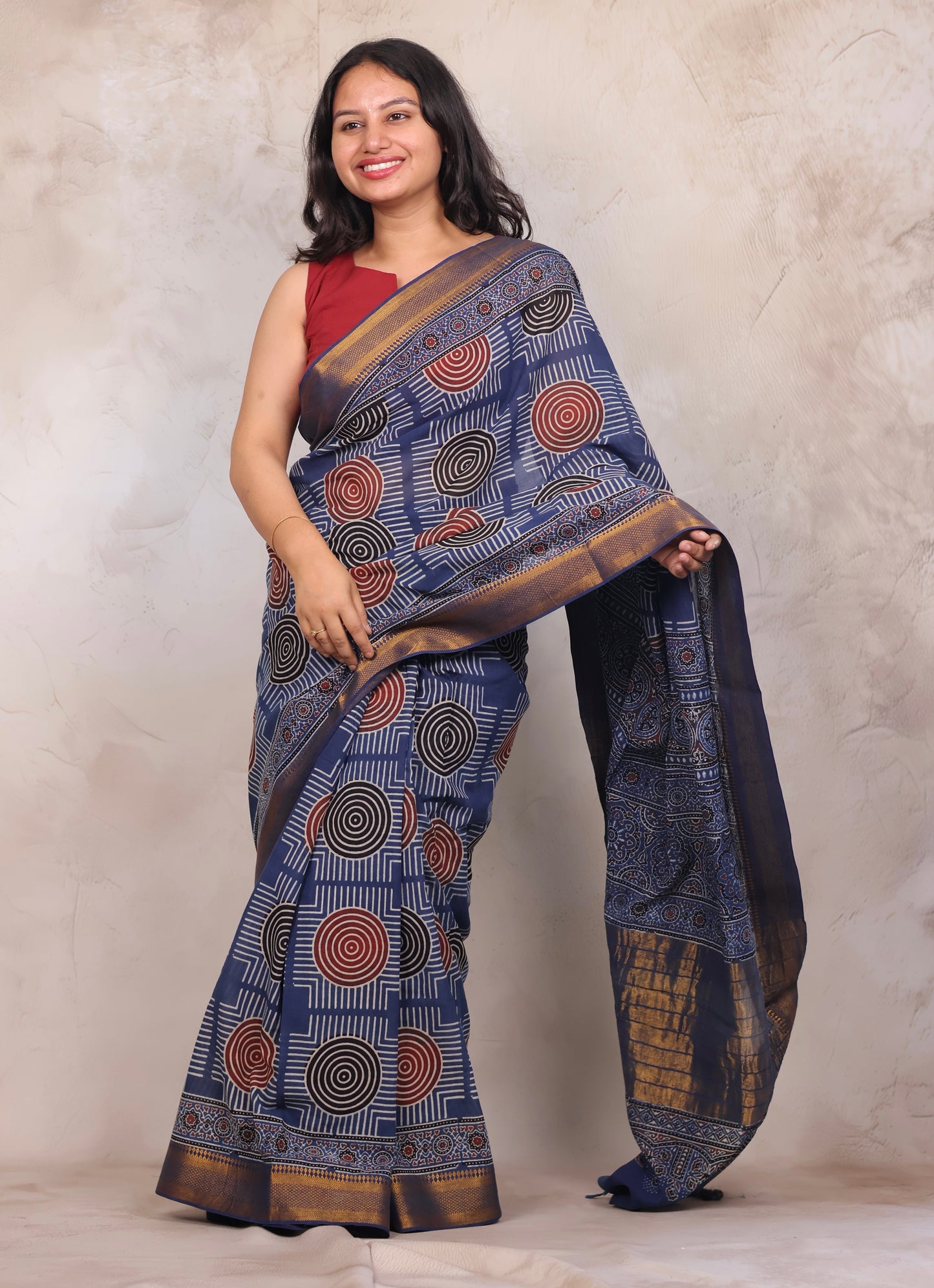 Indigo Ajrakh Hand Block Printed Mangalagiri Cotton Saree | Looms & Tassels